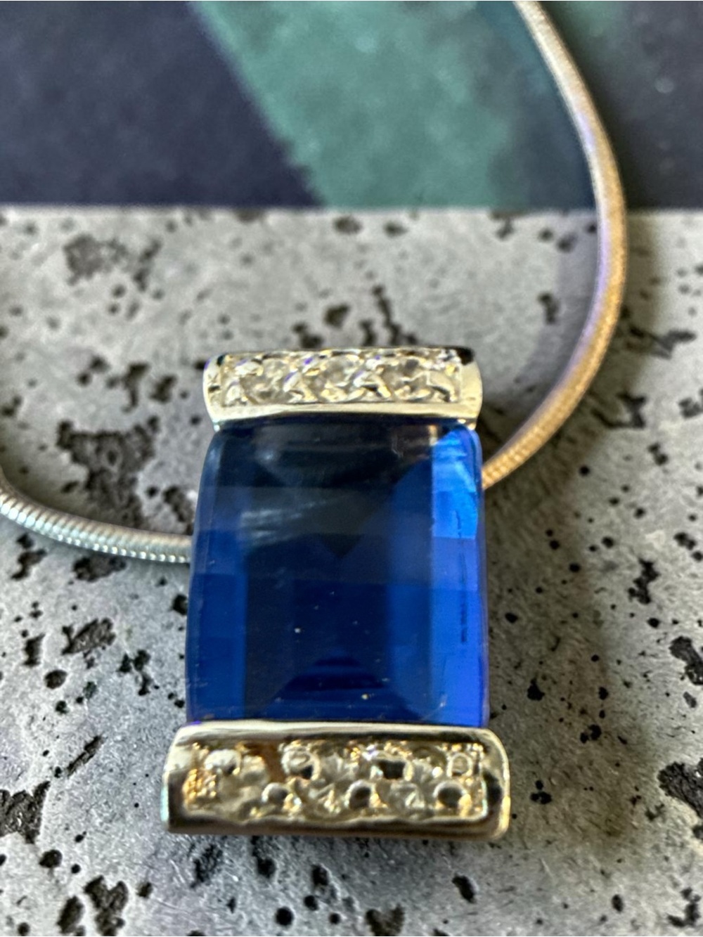 925 Sterling Silver Blue Sapphire Color Pendant Necklace 18” with Diamonds